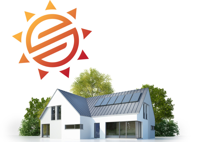 A white home with solar panels and trees in behind it.